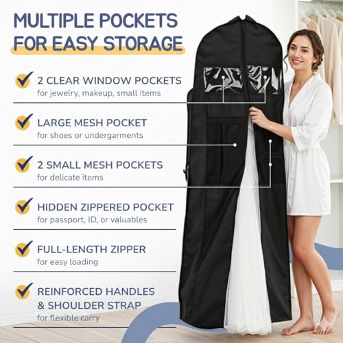 Wedding Dress Garment Bag 72" – Waterproof Trifold Travel Garment Bag for Bridal Gown with Shoulder Strap, Suitcase Sleeve & Accessory Pockets – Fits Full Skirts, Oxford Fabric, Carry Handle - color: Black
