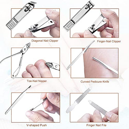 Nail Clippers Set 18 Pieces Stainless Steel Manicure Kit, Professional Grooming Kits, Nail Care Tools with Luxurious Travel Case - color: Brown