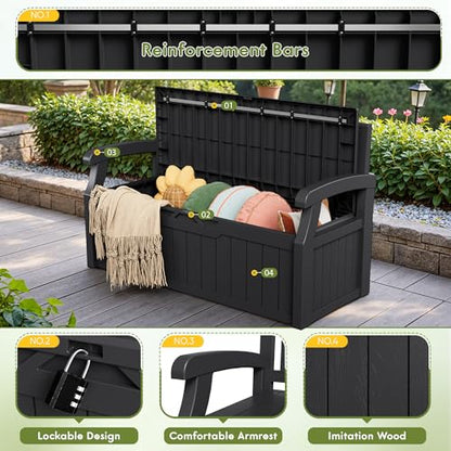 Greesum 80 Gallon Storage Bench Outdoor Deck Box with Armrest, Patio Furniture,Lockable, Waterproof and UV Resistant, Suitable for Garden, Pool, Black - color: Black, style: 80 Gallon