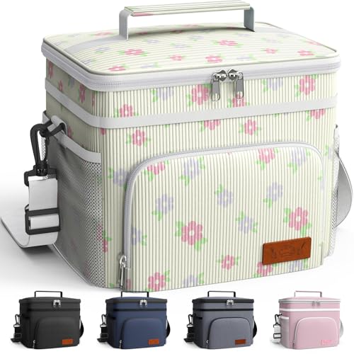HOTOR Insulated Lunch Box for Men & Women - Leak-Proof Cooler Lunch Bag with 4 Pockets, Adjustable Strap, Ideal for Work, Picnic, Travel - Medium, Beige Flower, 10.2"×6.9"×8.5" - color: Beige Flower, size: 9l - 1 Tier