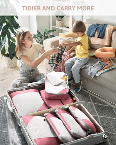 Meowoo 7 Set Compression Packing Cubes for Travel, Durable Ripstop Mesh Suitcase Organizer with Shoe Bag, Ultralight & Expandable Space Saver Travel Cubes - color: Pink