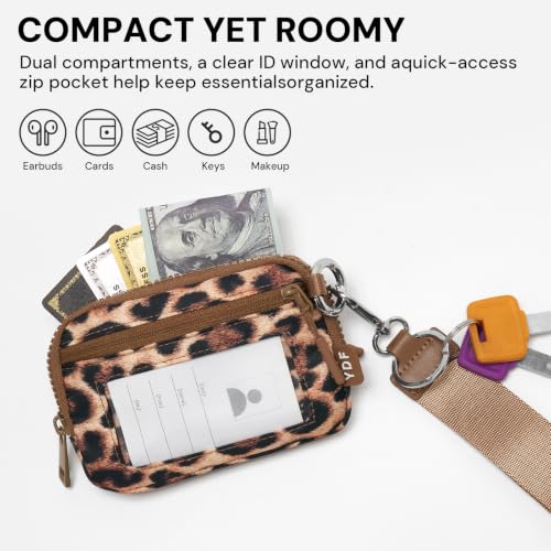 YDF The Small Wristlet Wallet for Women - Water-Resistant Nylon Coin Purse with Clear ID Window, Detachable Wrist Strap & Keychain, Everyday Carry Card Case Pouch - color: Cheetah Print