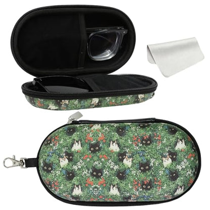 Double Eyeglasses Case, Hard Shell Dual Sunglasses Organizer with Zipper Clip Travel Glasses Storage for Women Men - color: Green Cats