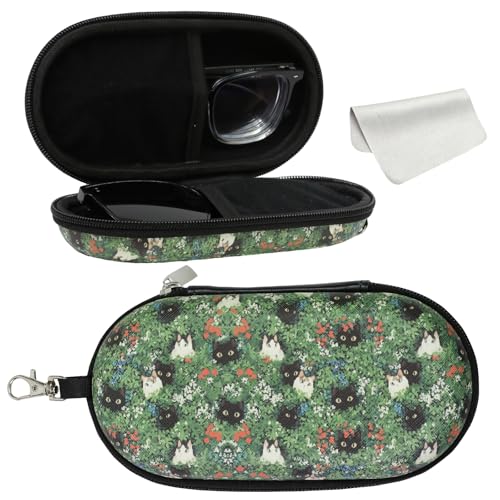 Double Eyeglasses Case, Hard Shell Dual Sunglasses Organizer with Zipper Clip Travel Glasses Storage for Women Men - color: Green Cats