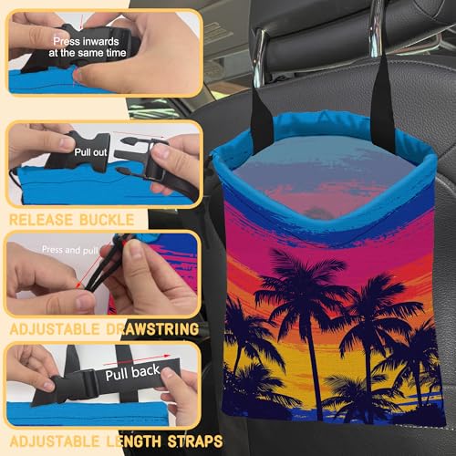 Tropical Palm Trees Car Trash Bag,Beach Sunset Strap Drawstring Car Garbage Bags,Car Back Seat Organizer with Adjustable Buckle for Car Accessories - color: Tropical Palm Trees