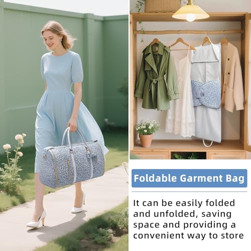 Travel Garment Bag for Women, Foldable Carry On Garment Duffle Bag 20.5x10x12.5 Inch, Convertible Overnight Bags with Shoe & Toiletry Pockets for Business Trip, Vacation, Party, Blue-White - color: White-Blue