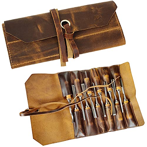Leather Tool Roll Up Pouch - Leather Tool Wrench Roll/Chisel Bag by Rustic Town - style: 12 Slots(Large)