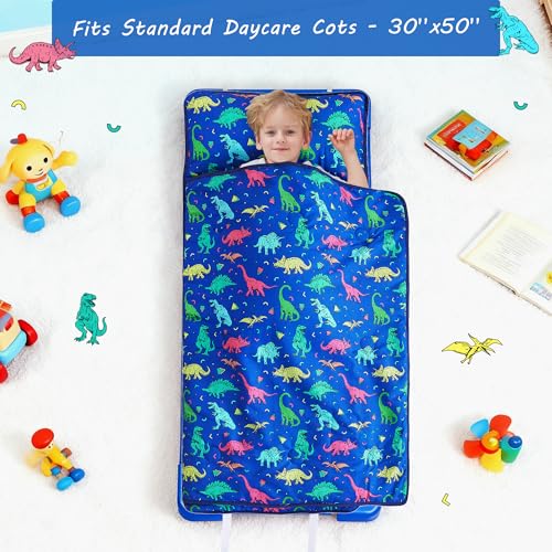 Lasoftan Toddler Nap Mat with Pillow and Blanket, Extra Large Rolled Napping Mats,Slumber Bags for Boys Girls,Kids Sleeping Bag for Daycare, Preschool Travel Camping - color: Blue Dinosaur