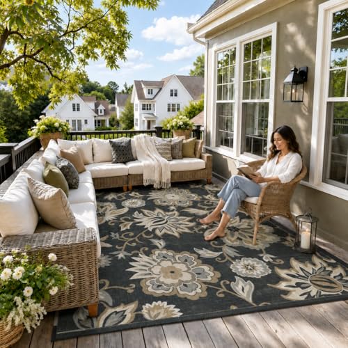 Lahome Black Outdoor Rug 8x10, Non Slip Indoor Outdoor Patio Rug for Camping, Portable Large Outdoor Rugs for Balcony Deck Backyard, RV Mat Outdoor Carpet for Living Room Bedroom,Black - color: Black, size: 8'x 10'