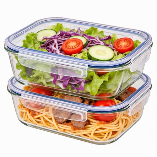Liuruiyu 2 Pack 2260ml/76.4oz Glass Food Storage Containers with Lids, Meal Prep Containers, Airtight Bento Boxes with Leak Proof Locking for Microwave, Oven, Freezer and Dishwasher, BPA Free - color: 2 Pack-76.4oz