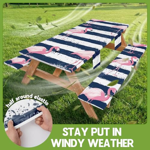 Picnic Table Cover with Bench Covers Elastic Table Cloth Cool Fun Unique Ideas Birthday Christmas Xmas Valentine's Day Camping Gifts for Camper RV Owner Camping Lovers Couple Women Men Mother Father - color: Blue Striped Flamingo, size: 72in