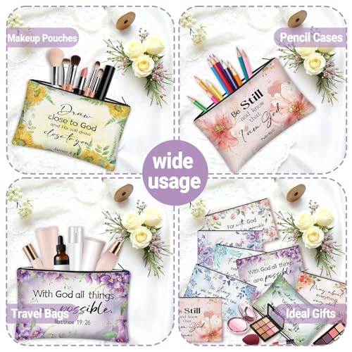 30 Pcs Christian Makeup Bags with Inspirational Flower Religious Gift Bible Verse Zipper Makeup Pouches Bulk Canvas Cosmetic Bag for Women Church Travel Appreciation - style: Religious