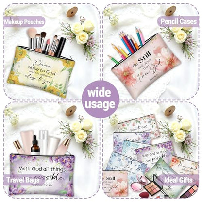 30 Pcs Christian Makeup Bags with Inspirational Flower Religious Gift Bible Verse Zipper Makeup Pouches Bulk Canvas Cosmetic Bag for Women Church Travel Appreciation - style: Religious