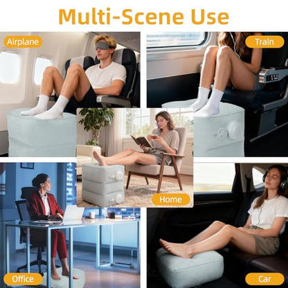 Inflatable Foot Rest Pillow for Travel, Adjustable 3-Layer Height, Fast Inflation Leg Rest Cushion for Airplanes, Cars, Trains, Office & Home