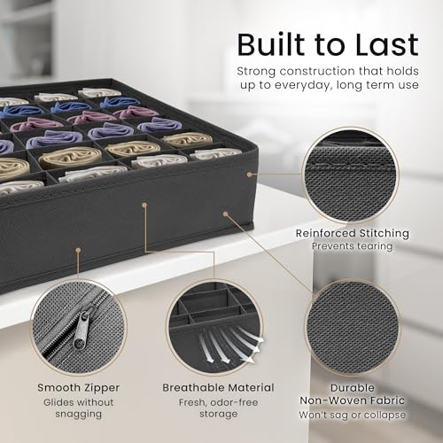 Reli. Sock Organizer (4 Pack) | 16+24 Cell Underwear Organizer | Drawer Dividers for Underwear, Socks, Ties, Belt | Foldable Fabric Storage Bins for Drawer, Closet, Dresser | 11.8 x 11.8 x 3.5 (Gray)