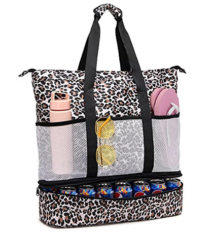 JIANYA Beach Bag Women Waterproof Sandproof Beach Tote Bags with Cooler Top Zipper Large Totes for Pool Travel Daily - color: *Leopard