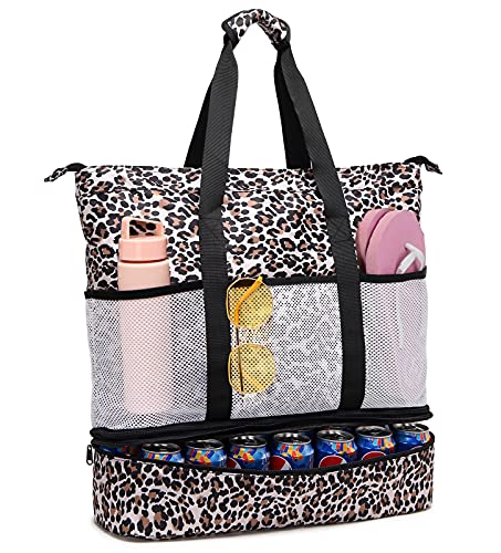 JIANYA Beach Bag Women Waterproof Sandproof Beach Tote Bags with Cooler Top Zipper Large Totes for Pool Travel Daily - color: *Leopard