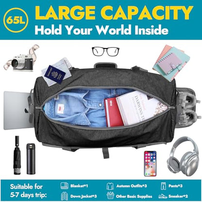 Canway 65L Travel Duffel Bag, Foldable Weekender Bag with Shoes Compartment for Men Women Water-proof & Tear Resistant (Panther Black, 65L) - color: Panther Black, size: 65L