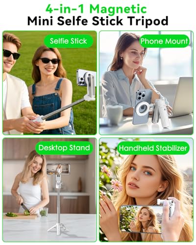 CloudValley Magnetic Selfie Stick & Mini Tripod, 360° Rotation Extendable Handheld Stabilizer/Camera Grip with Remote, 5 in 1 Portable Phone Stand for iPhone/Android, Travel Vlog, Live Stream, White - color: White