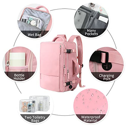 Hanples Carry on Travel Backpack for Women, Large 40L Personal Item Luggage Backpack,17inch Laptop Backpack TSA Flight Approved, Travel Essentials Casual Daypack with 2 Toiletry Bags (Pink) - color: Pink, size: X-Large