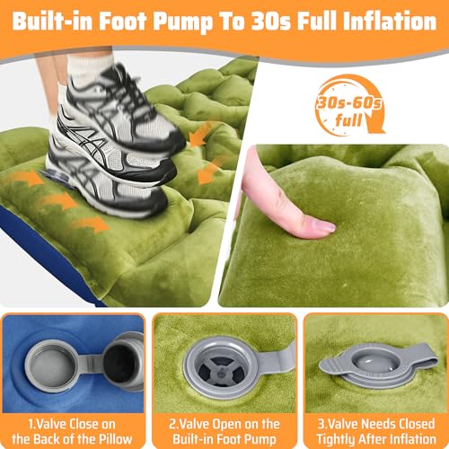 Camping Sleeping Pad, 4in Extra-Thick Inflatable Sleep Mat with Built-in Foot Pump & Pillow, Compact Camp Air Mattress for Backpacking, Hiking, Tent, Car, Travel Gear - color: Crystal Velvet Green+blue Nylon
