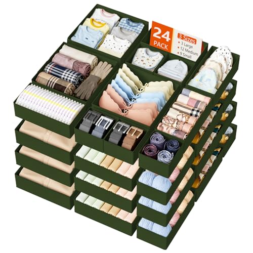DIMJ Drawer Organizer Clothes, 24 Pack Dresser Organizer, Foldable Closet Organizers and Storage, Fabric Dresser Bins, Drawer Dividers for Nursery, Baby Clothes, Underwears, Sock - color: Green, size: 24 Pack