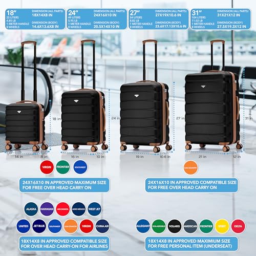 Flight Knight Luggage Set For Travel Expandable 4 Piece Large Checked Bags TSA Lock 360 Silent Double Spinner Wheels Hardside Suitcase With 24x16x10 Carry-On Max Bag Size Virgin, South West Airlines - color: Black/Tan, size: 4 Piece Set (18/24/27/31")