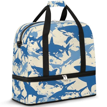 Travel Duffel Bag Shark Themed Weekender Bag with Shoe Compartment Foldable Overnight Bags for Travel Sports Lightweight Gym Bags for Men Women - color: Shark Themed