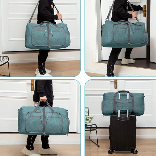 Vomgomfom 65L/85L/115L Foldable Travel Duffle Bag, Lightweight Checked Luggage with Shoe Compartment, Water-Resistant Weekender Overnight Bag for Men & Women - color: F Green, size: 85L
