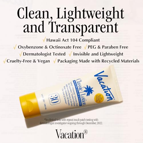 Vacation Classic SPF 30 Sunscreen Lotion and Air Freshener Bundle, 3.4 Fluid Ounces - Invisible, No White Cast, Water-Resistant, Vegan, Dermatologist-Tested, Travel Size - size: 3.4 Fl Oz (Pack of 1), style: SPF 30