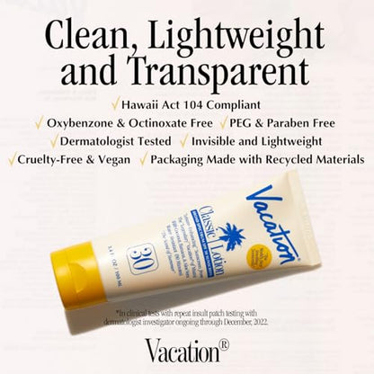 Vacation Classic SPF 30 Sunscreen Lotion, 3.4 Fluid Ounces, Pack of 3 - Invisible, No White Cast, Water-Resistant, Vegan, Dermatologist-Tested, Travel Size - size: 3.4 Fl Oz (Pack of 3), style: SPF 30