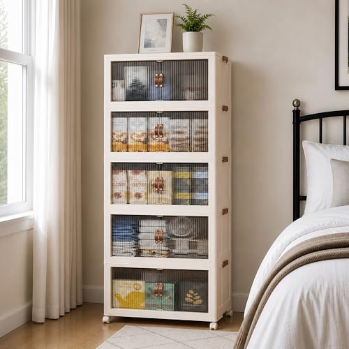 SAILUN 145Gal/580Qt Stackable Storage Bins Folding Collapsible Storage Bins with a Lid, Closet Organizers and Storage,Blush White 26" W x 17" D x 71" H - color: Blush White, size: 1 Lid 5 Pack-26" W x 17" D x 71" H
