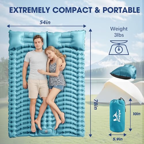 Double Sleeping Pad for Camping - Ultralight Camping Mattress with Pillow, Built-in Foot Pump, Compact Inflatable 2-Person Portable Mat for Backpacking, Hiking, Car Traveling, Beach, Tent - color: Light Blue