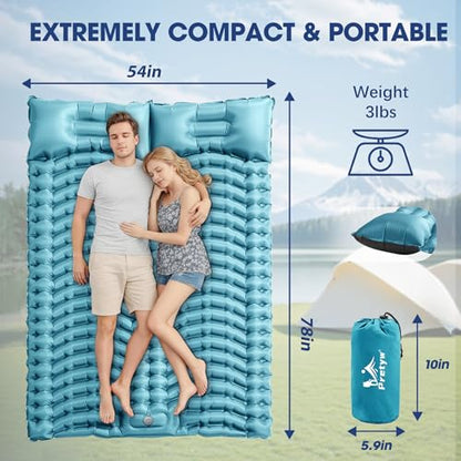 Double Sleeping Pad for Camping - Ultralight Camping Mattress with Pillow, Built-in Foot Pump, Compact Inflatable 2-Person Portable Mat for Backpacking, Hiking, Car Traveling, Beach, Tent - color: Light Blue