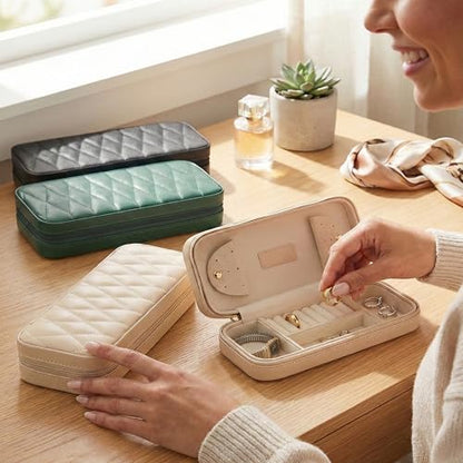 Bey-Berk Diamond-Quilted Leather Travel Jewelry Case, Cream, 9" x 4" x 1.75" - color: Cream