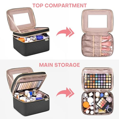 HXLGMD Large Makeup Bag with Mirror Double Layer Travel Make Up Organizer Case, Large Capacity Coemetic Bag with Brush Slot Divider - color: Black
