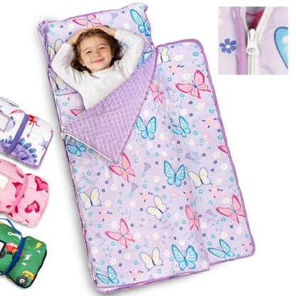 Primlect Toddler Nap Mat Extra Large Thickened 55''x35'', Soft Sleeping Bag with Detachable Minky Blanket and Pillow, Portable for Daycare, Preschool, Kindergarten, Travel, Boys and Girls - color: Purple Butterfly