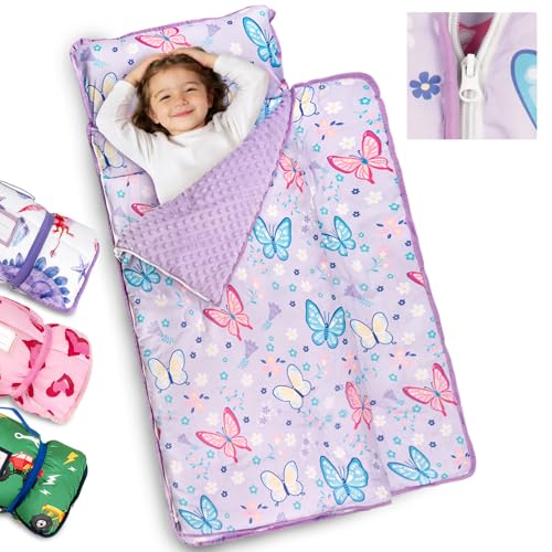 Primlect Toddler Nap Mat Extra Large Thickened 55''x35'', Soft Sleeping Bag with Detachable Minky Blanket and Pillow, Portable for Daycare, Preschool, Kindergarten, Travel, Boys and Girls - color: Purple Butterfly