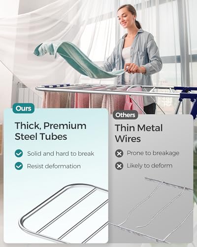 SONGMICS Clothes Drying Rack, Foldable 2-Level Laundry Drying Rack, Free-Standing Laundry Airer, with Height-Adjustable Wings, 33 Drying Rails, Sock Clips, Silver and Blue ULLR53BUV1 - color: Silver + Blue, size: 2 Tiers（22"d x 61.8"w x 64.3''h )