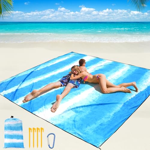WIWIGO Beach Blanket Waterproof Sandproof Beach Mat 79" X 83"/10'x9'for 2-8 Adults Quick Drying Outdoor Picnic Mat Beach Accessories for Travel, Camping, Hiking - color: Blue and White Stripes, size: 79" X 108"（1-6person）