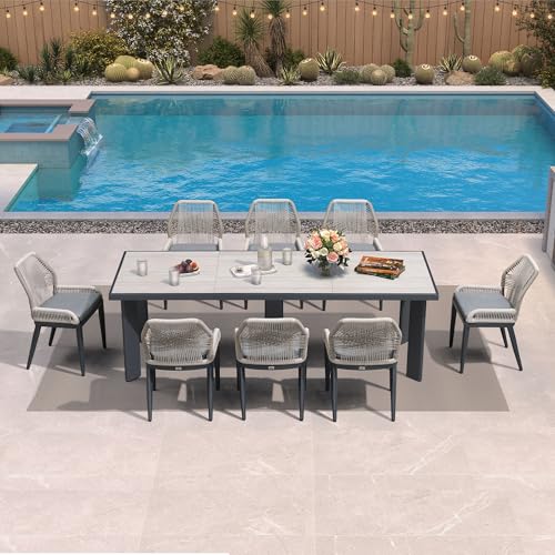 PURPLE LEAF 9 Pieces Patio Dining Set Aluminum Rectangular Table and Wicker Chairs with Cushions for Kitchen Porch Garden Modern Outdoor Furniture Sets, Beige and Dark Grey - color: Beige/Dark Grey, size: 9 PCS, style: Rectangular