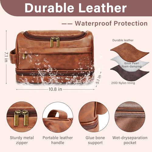 Personalized Toiletry Bag for Men, Leather Custom Travel Shaving Bag, Father's Day Gifts for Men, Dad, Him, Father, Son, Boyfriend, Husband, Brother, Birthday, Anniversay, Engraved Pattern Text - color: Light Brown