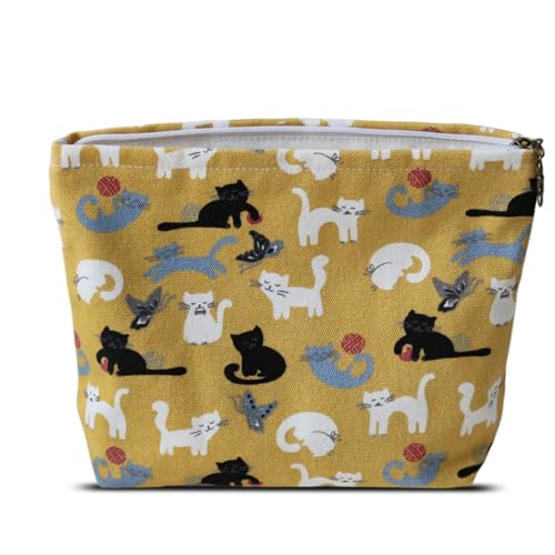 HAPPYHEIDI Canvas Pouch Travel Organizer, Brown Cats, Cotton Blend, Animal Print, Zipper Closure, 7.1x2.4x7 Inches - color: GR-Canvas-Brown Cats