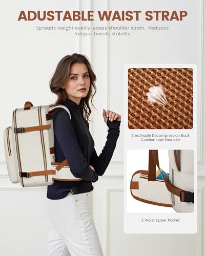 LOVEVOOK 40L Travel Backpack with Waist Strap,Flight Approved Carry on Backpack,Waterproof Personal Item Travel Bag,TSA Carry on Luggage Suitcase Travel Essentials,Gifts for Women & Men,fit 17" Laptop - color: Beige-brown, size: Large-40L-4Pcs(Waist Strap