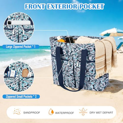 HUANLANG Large Beach Bags for Women Pool Bag with Zipper, Waterproof Sandproof Beach Tote Travel Bag with Wet Pocket - color: Blue Floral