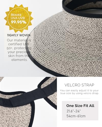 FURTALK Sun Hats for Women Wide Brim Beach Hat Straw Visor Ponytail Summer UV Packable Foldable Beach Vacation Essentials - color: Mix Khaki With Black