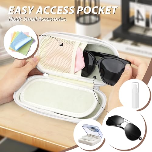 Double Glasses Case for Women Men, Dual Eyeglass Travel Organizer with Wristband - color: White