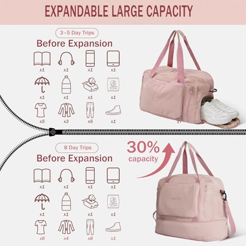 Travel Duffel Bag, 30–40L Expandable Weekender Bag with Shoe Compartment, Foldable Carry On Travel Bag with Wet Pocket and Matching Pouch - color: Pink
