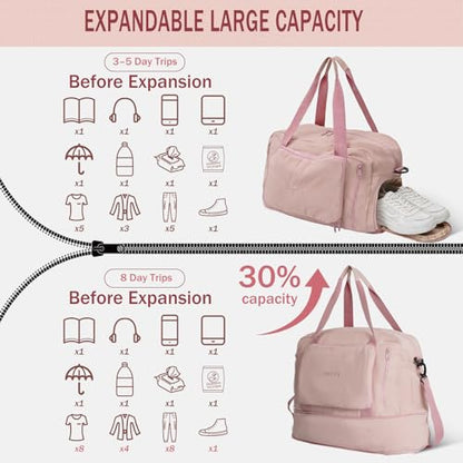 Travel Duffel Bag, 30–40L Expandable Weekender Bag with Shoe Compartment, Foldable Carry On Travel Bag with Wet Pocket and Matching Pouch - color: Pink