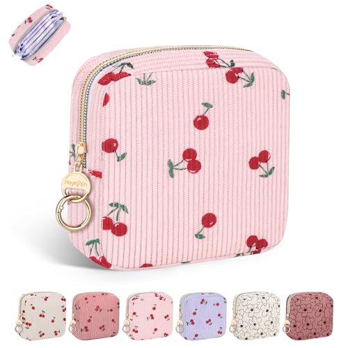 Period Bag for Teen Girls, Corduroy Sanitary Napkin Storage Bag, Menstrual Pad Pouches Tampon Holder for Purse (Cherry-Light Pink) - color: Cherry-Light Pink